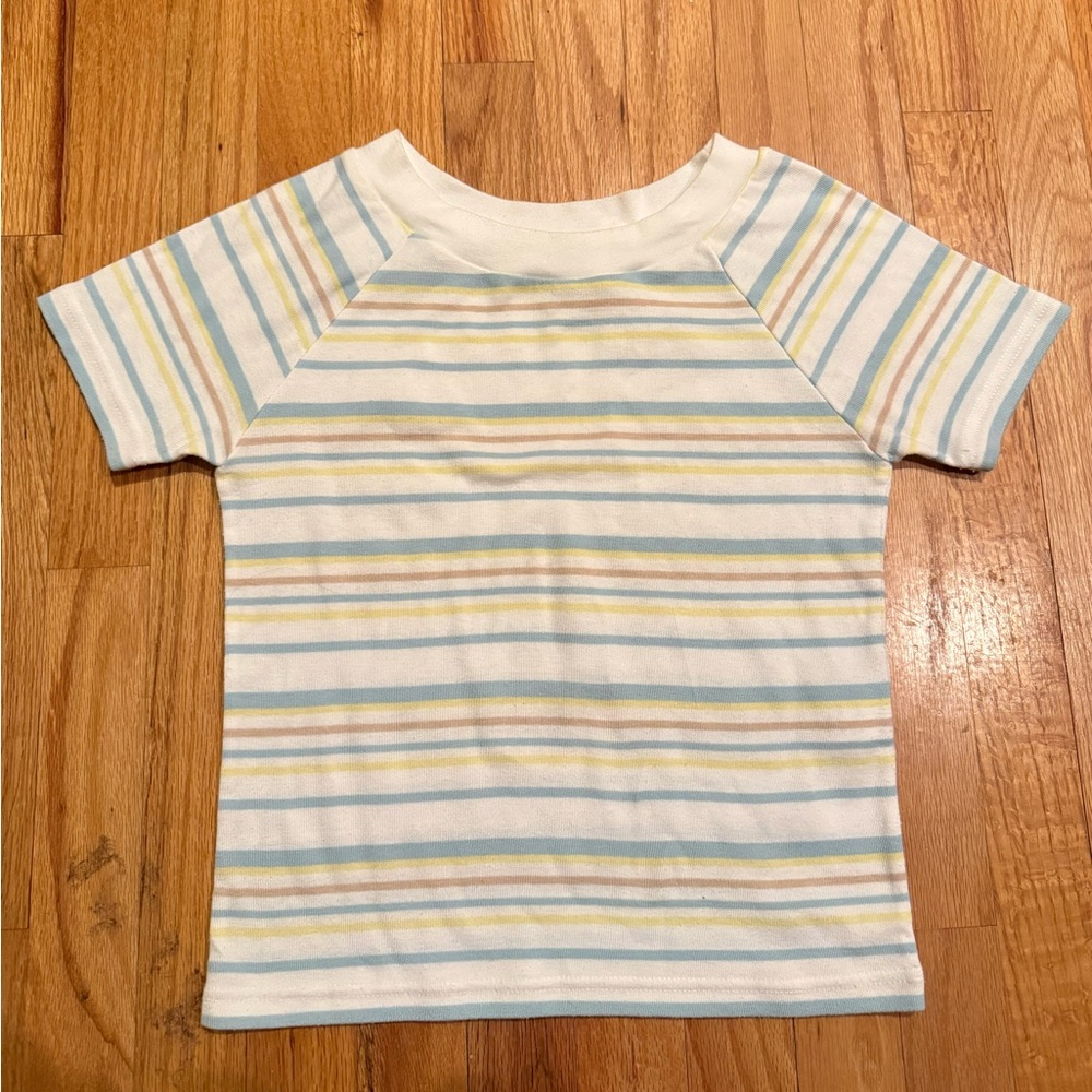 Cinema Club Womens Medium White Green Striped Short Sleeve T Shirt Cropped